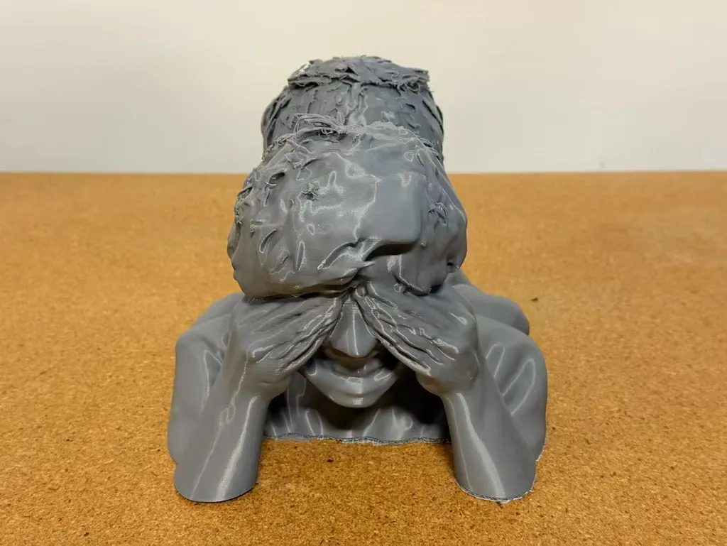灰色3D打印双人半身像正面，前方头部用双手遮住脸。