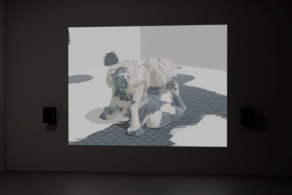拟议展览装置：虚拟三维房间投影于墙面，配有两只壁挂音箱。Blender 效果图。