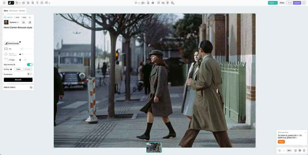 Recraft图像编辑器中，画布显示街景照片，左侧栏写有“Henri Cartier-Bresson style”。