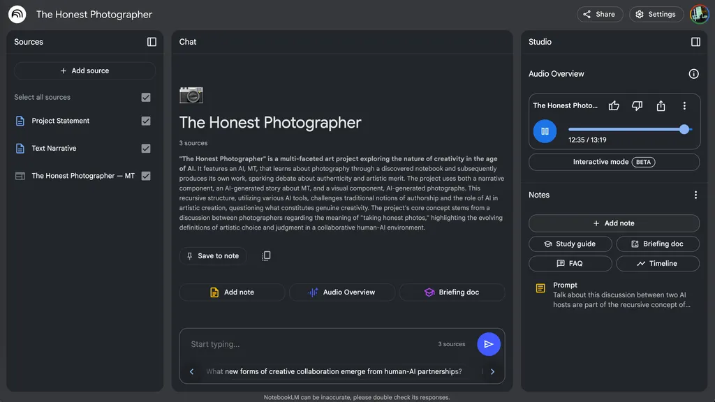 NotebookLM项目页，显示The Honest Photographer资料列表、项目摘要和音频播放器面板。