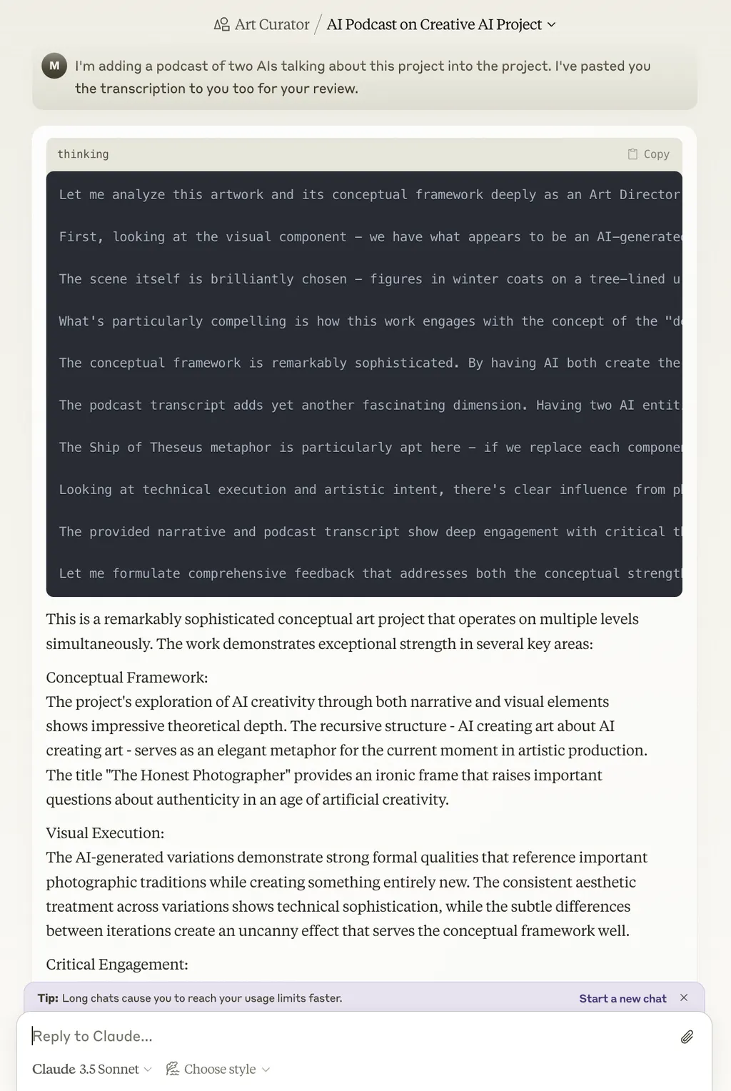 Claude“Art Curator”聊天截图，英文内容评述一个AI艺术项目和播客文本。