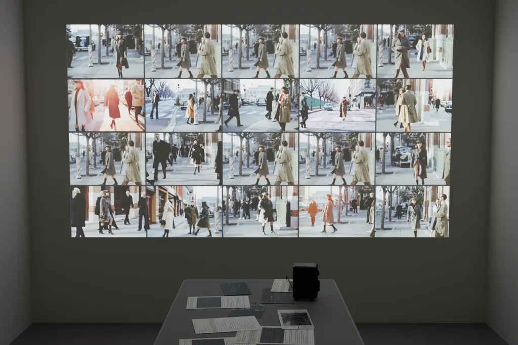 Installation rendering facing the larger moving-image projection, with the evidence table and one small studio monitor in the foreground.