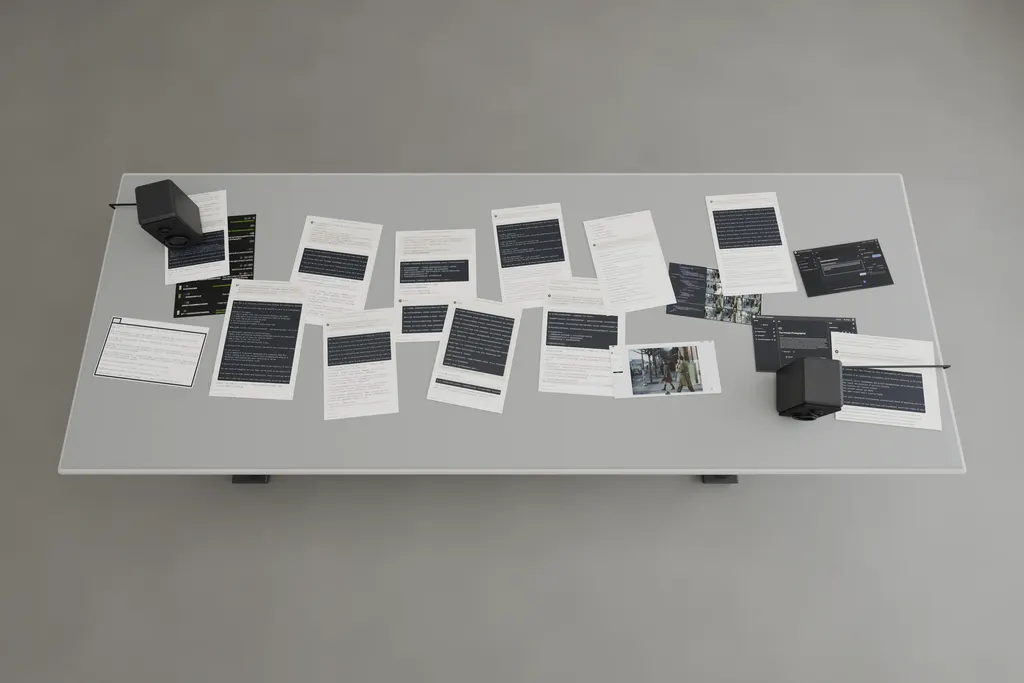 Raised near-overhead view of the evidence table with loose layered process documents and two asymmetrically placed tabletop studio monitors.