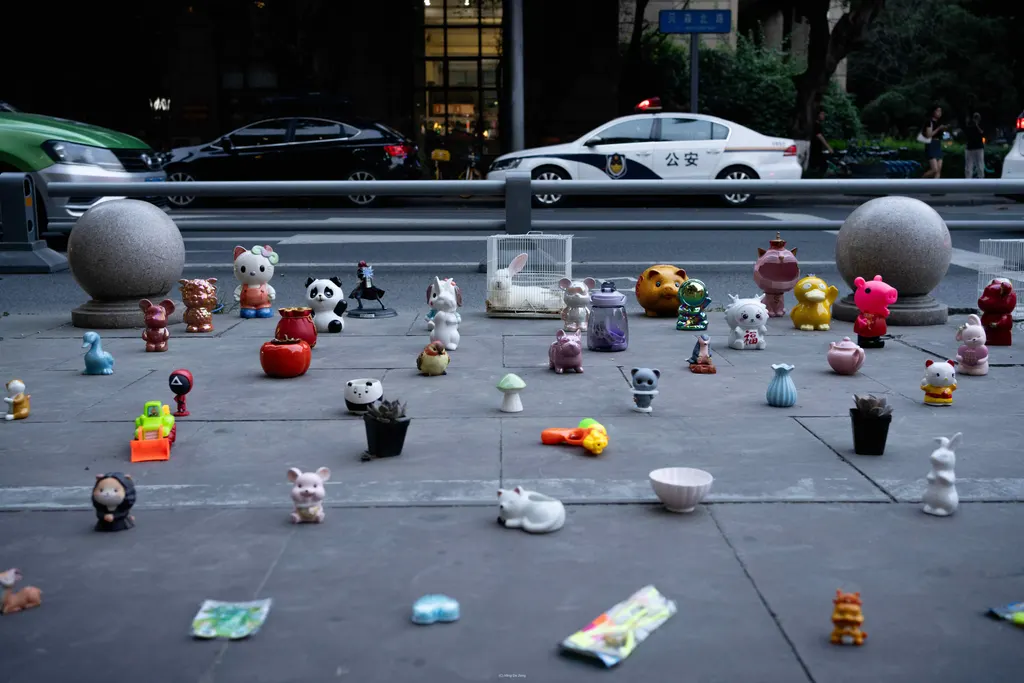 Small toys and figurines are arranged on a sidewalk beside a street with cars.