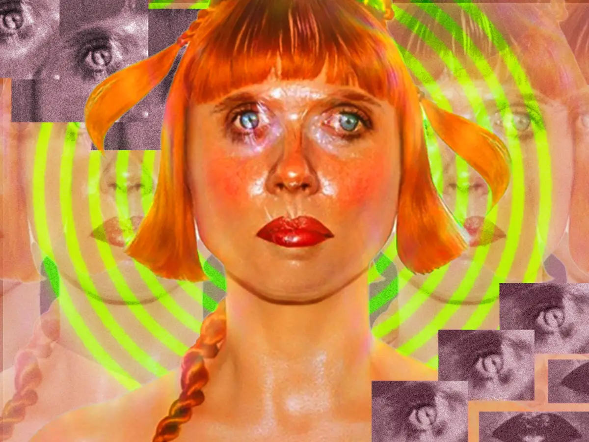 图 2 "霍莉+"（Holly+）项目视觉形象：赫恩登（Holly Herndon）的肖像与其复本碎片相互叠合。该项目以赫恩登的声音材料训练生成模型，并通过 DAO 组织官方作品认证与收益分配