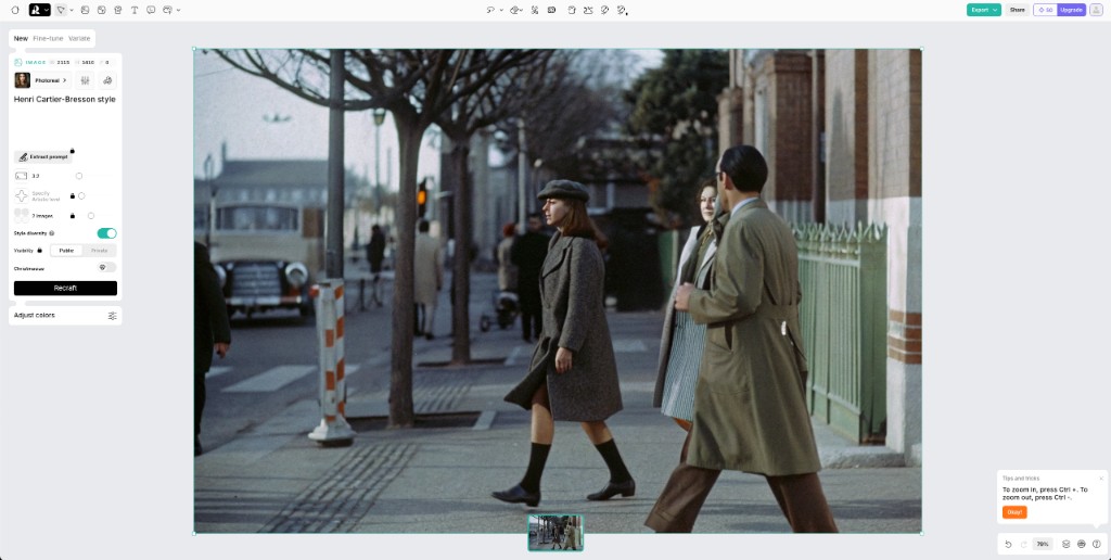 《老老实实拍照》（The Honest Photographer）（2024）中的生成影像实验。上图为拟卡蒂埃-布列松风格的静帧，下图为视频模型基于该静帧补写的前后片段。