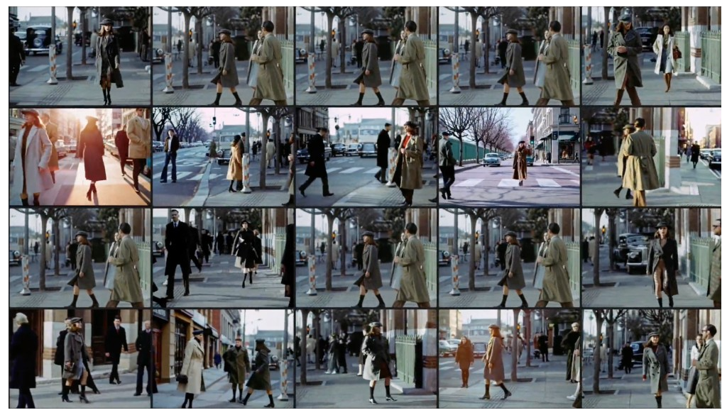 《老老实实拍照》（The Honest Photographer）（2024）中的生成影像实验。上图为拟卡蒂埃-布列松风格的静帧，下图为视频模型基于该静帧补写的前后片段。